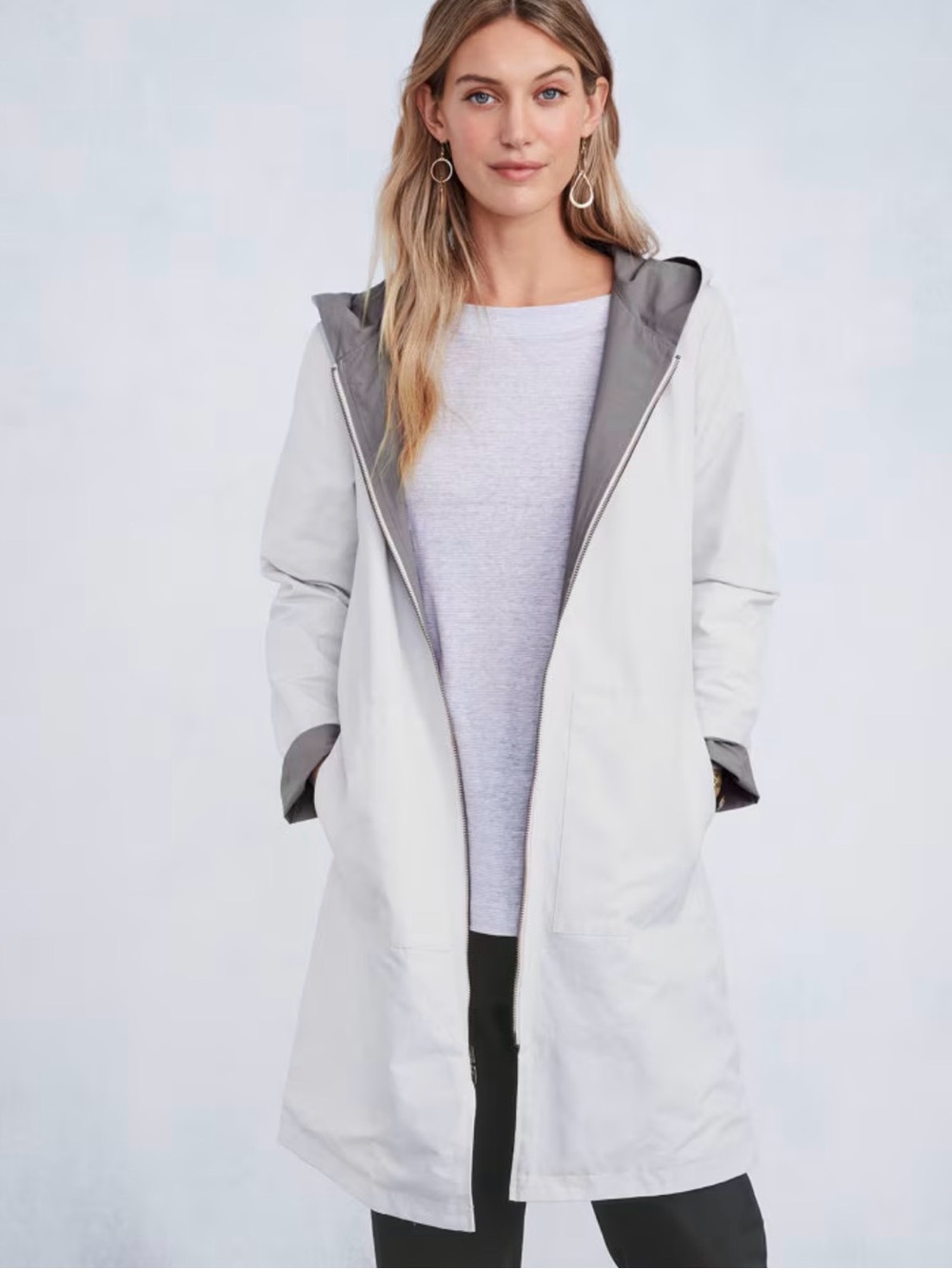 Eileen Fisher cream & gray reversible Hooded Trench Coat